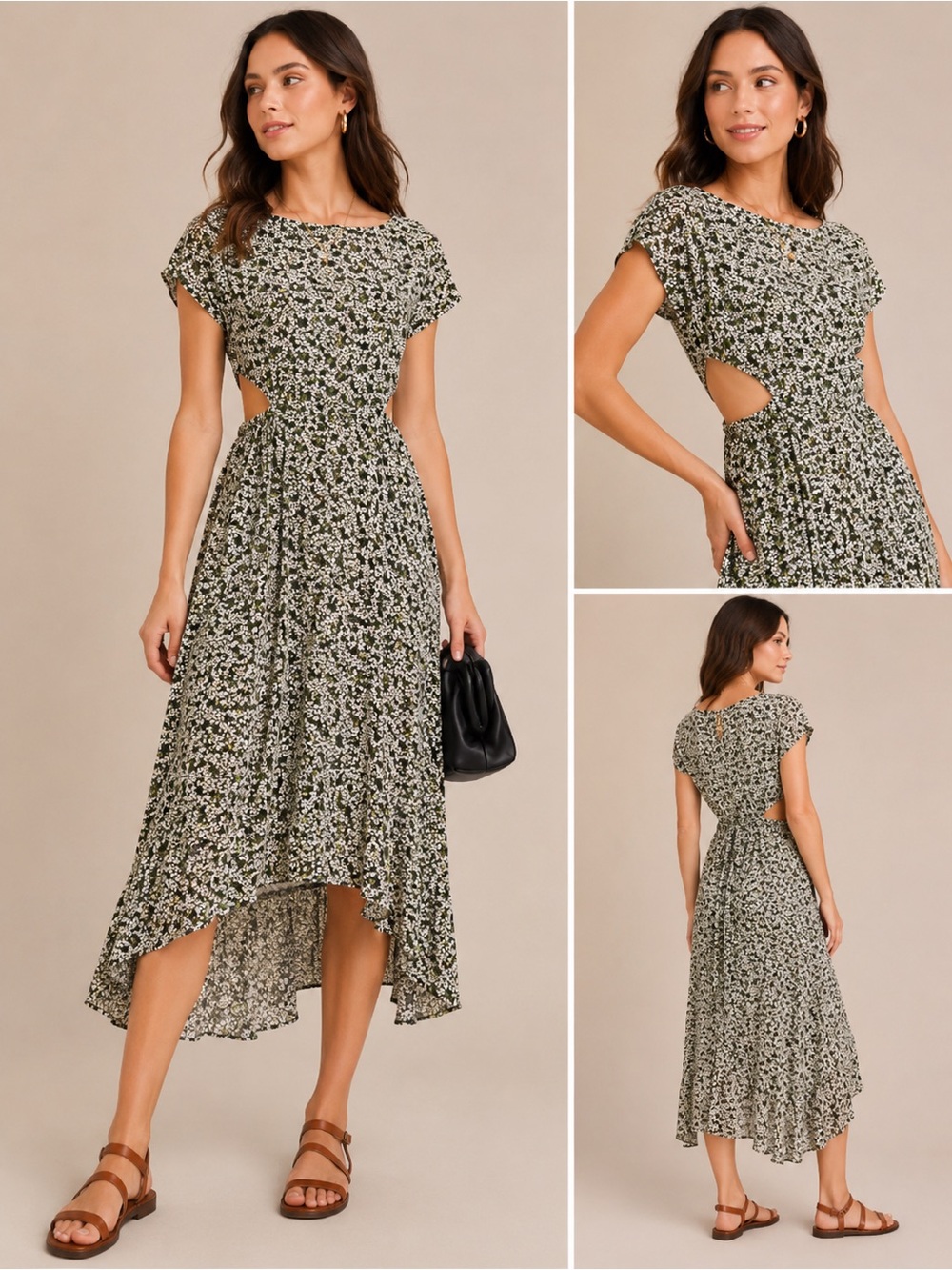 A New Day Short Sleeve green micro floral side Cut Out Dress hi low maxi L
